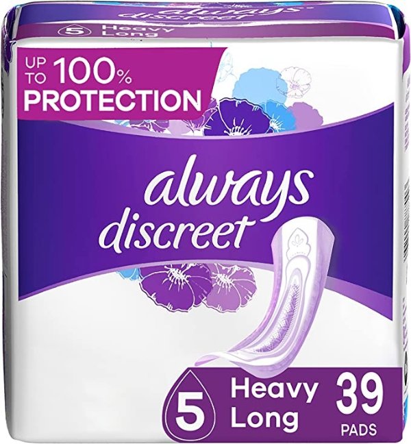 , Incontinence & Postpartum Pads For Women, Size 5, Heavy Absorbency, Long Length, 39 Count