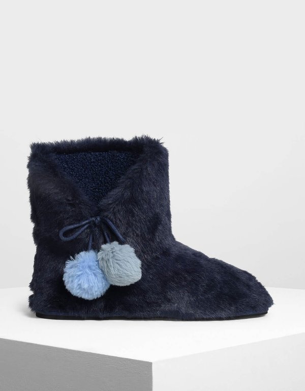 Dark Blue Furry Pom Pom Boots | CHARLES & KEITH
