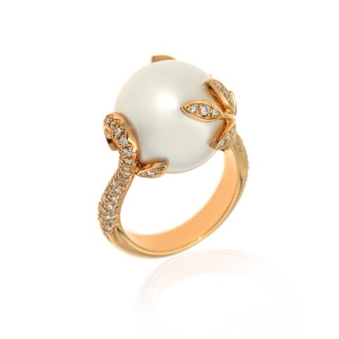 mikimoto18k玫瑰金钻石珍珠戒指