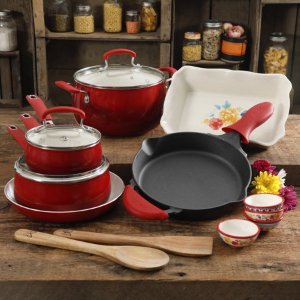 The Fiona Floral 17-Piece Classic Belly Aluminum Cookware Combo Set, Sunset Red @ Walmart