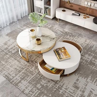 Nesnesis Modern Round Sintered Stone Nesting Wood Coffee Table with Drawers in White-Homary