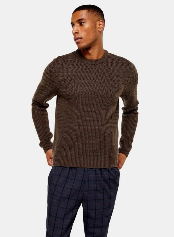 Grey Rack Yoke Panel Textured Sweater