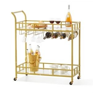 VEVOR 2 Tiers Gold Metal Bar Serving Cart with Wine Rack Glass Holder 120 LBS | VEVOR US