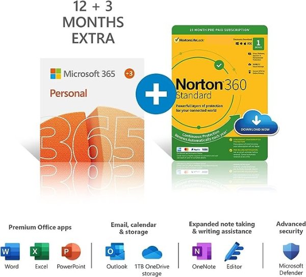Microsoft 365 个人版会员 + Norton 360 Deluxe 15个月