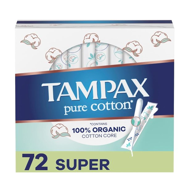 Pure Cotton Tampons, Contains 100% Organic Cotton Core, Super Absorbency, unscented, 24 Count x 3 Packs (72 Count total)