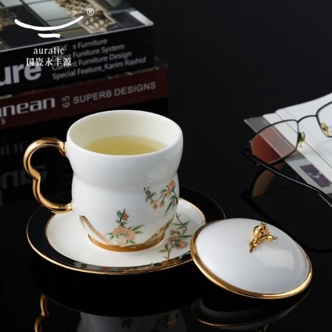 Auratic 国瓷永丰源 夫人瓷·石榴家园陶瓷茶杯三件套 带盖泡茶杯 白色 240ML