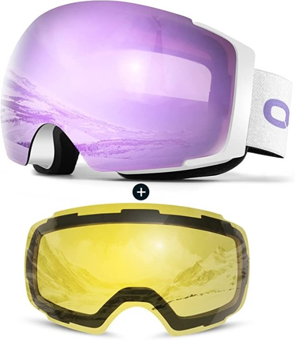 Magnetic Interchangeable Ski Goggles with 2 Lens, Large Spherical Frameless Snow Snowboard Goggles for Men Women
