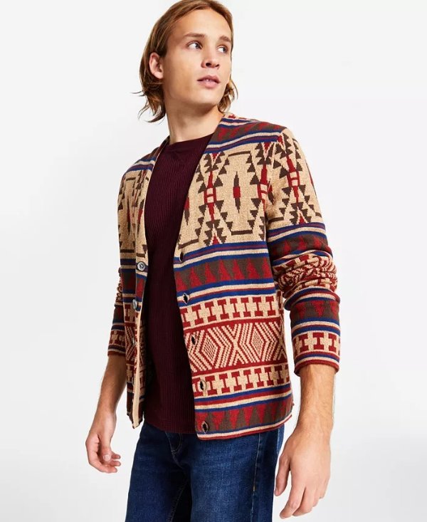 Men's Pino Printed V-Neck Cardigan, Created for Macy's