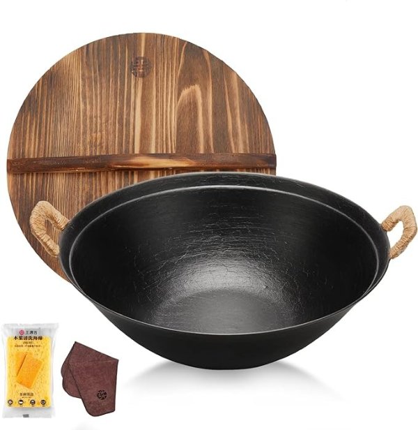 WANGYUANJI Cast Iron Wok Pan 14.9 inch Large SUGUO Wok Stir Fry Pan Flat Bottom with Dual Handle and Wooden Lid, Suitable for All Cooktops, Uncoated Chinese Traditional wok, Free Dishcloth and Brush