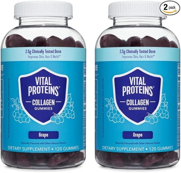 Collagen Gummies, 2.5g of Clinically-Tested Collagen for Hair, Skin, Nails & Wrinkles, 120 ct Bottle, Pack of 2, Grape Flavor
