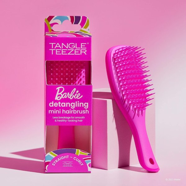  x Barbie The Mini Ultimate Detangling Brush, Dry and Wet Hair Brush Detangler for Traveling and Small Hands, Totally Pink