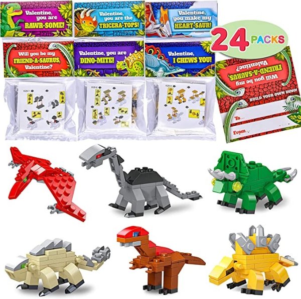 JOYIN 24 Packs Valentines Day Cards with Dinosaur Building Blocks for Valentine Party Favor, Classroom Exchange Prize, Valentine’s Greeting Cards