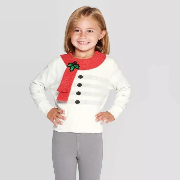 Toddler Girl Snowman Long Sleeve Ugly Holiday Pullover Sweater - White
