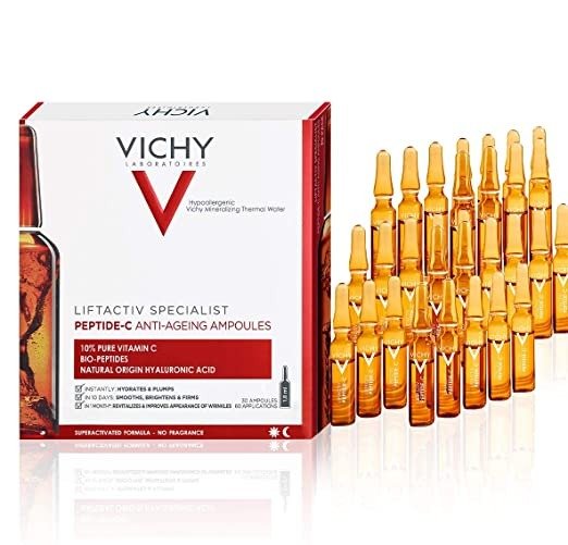 Vichy LiftActiv Peptide-C Ampoule Serum Anti Aging Concentrate, 10% Pure Vitamin C with Hyaluronic Acid and Peptides, Anti Wrinkle Skin Brightening Serum for Face