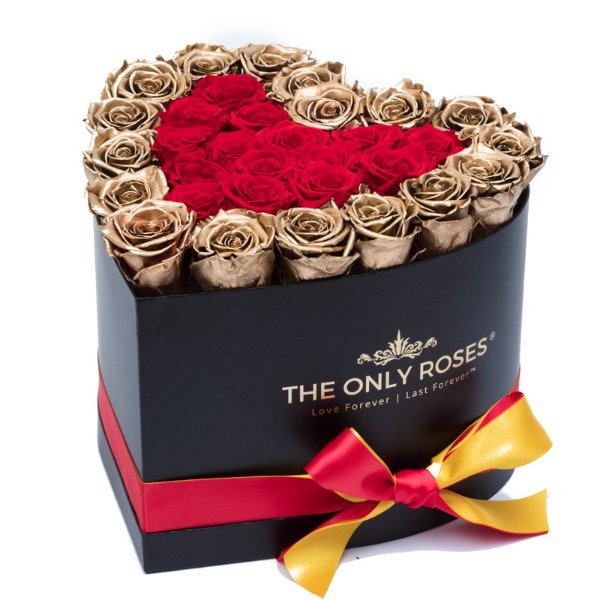 Gold and Red Preserved Roses | Heart Black Huggy Rose Box