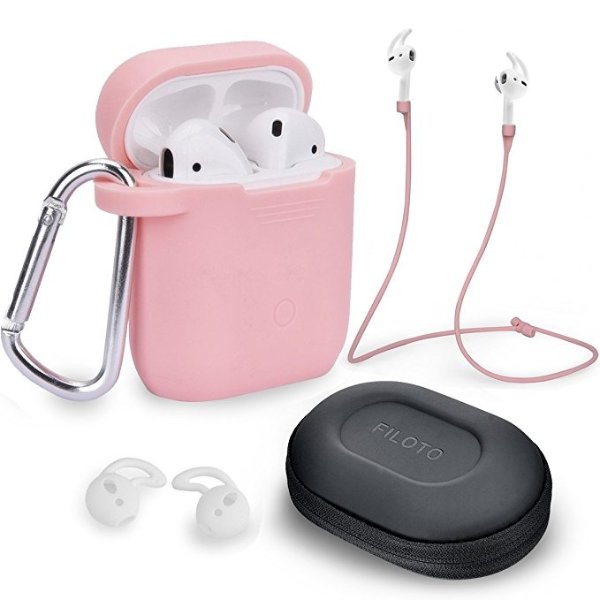 Airpods Accessories Set, Filoto Airpods Silicone Case Cover with Keychain/Strap/Earhooks/Waterproof Accessories Storage Travel Box for Apple Airpod (Pink)
