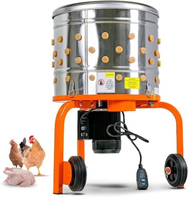 Chicken Plucker De-Feather Remover Poultry and Fowl Food Processor Electric Stainless Steel Heavy Duty 1HP 120VAC 280RPM GFCI Connector 92 Soft Fingers 20" Drum Diameter