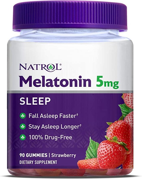 Melatonin Sleep Aid Gummy, Fall Asleep Faster, Stay Asleep Longer, 100% Drug and Gelatin Free, Non-GMO, 5mg, 90 Strawberry Flavored Gummies