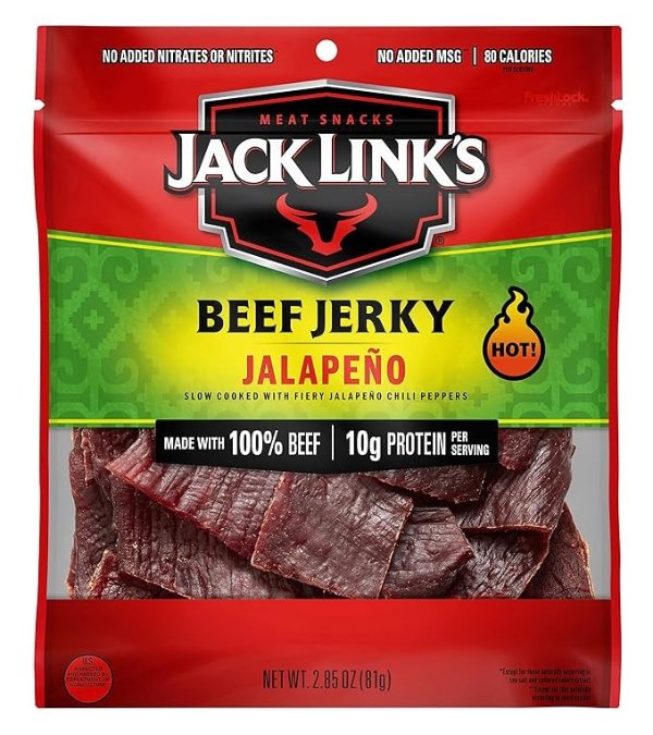 Jack Link’s Beef Jerky, Jalapeno Carne Seca, 2.85 oz. – Flavorful Meat Snack, 10g of Protein and 80 Calories, Made with Premium Beef - 96 Percent Fat Free, No Added MSG or Nitrates/Nitrites