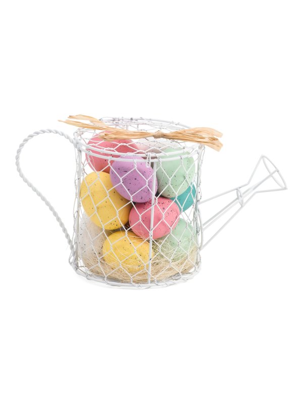 12ct Painted Easter Eggs In Wire Watering Can