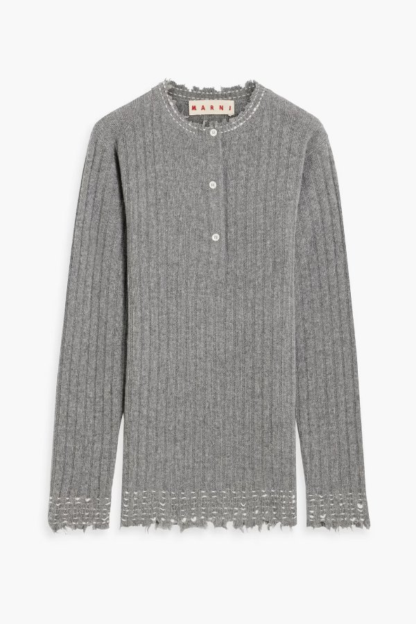Distressed ribbed wool sweater
