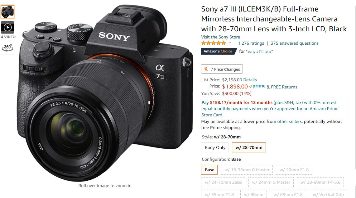 Amazon.com : Sony a7 III (ILCEM3K/B) Full-frame Mirrorless Interchangeable-Lens Camera with 28-70mm Lens 相机