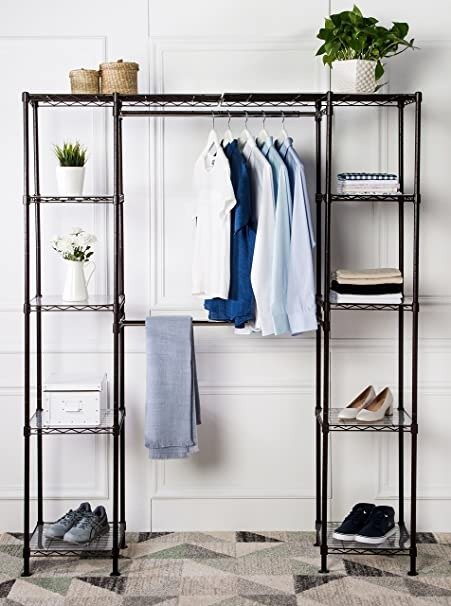 Expandable Metal Hanging Storage Organizer Rack Wardrobe with Shelves, 14"-63" x 58"-72", Bronze