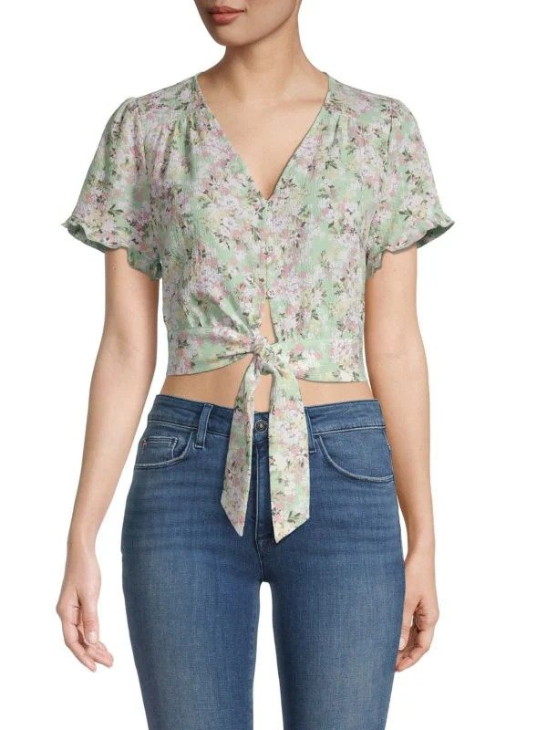 Floral Tie Button Front Cropped Top