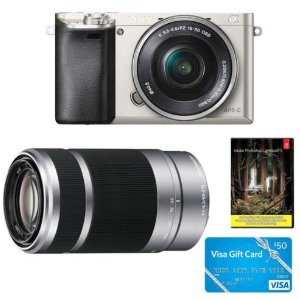 Sony Alpha a6000 24.3MP Camera With 16-50&55-210 Lens, $50 Visa Gift Card, Adobe PSE 12