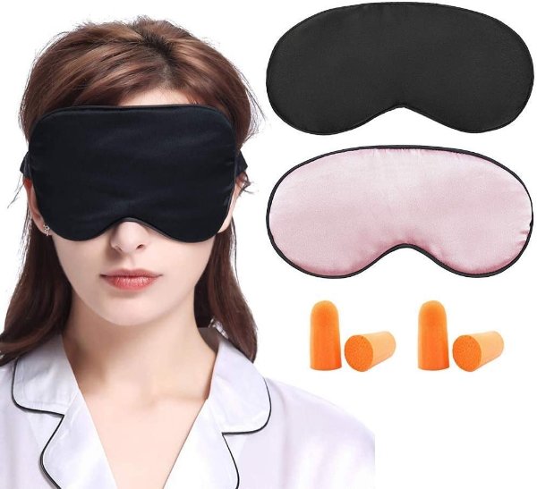 LilySilk 100% Silk Sleep Mask-Blindfold with Elastic Strap 2 Pack with Ear Plugs, Soft and Comfortable Night Eye Mask for Men Women, Eye Blinder for Travel/Sleeping/Shift Work, Black+ Pink