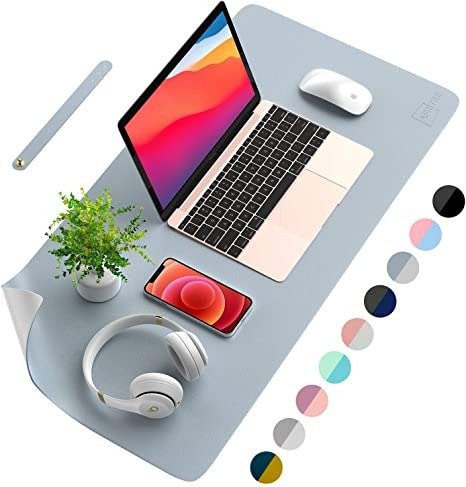 Desk Pad Desk Protector Mat - Dual Side PU Leather Desk Mat Large Mouse Pad, Writing Mat Waterproof Desk Cover Organizers Office Home Table Gaming Decor （Grayish Blue/Silver, 23.6" x 13.8")