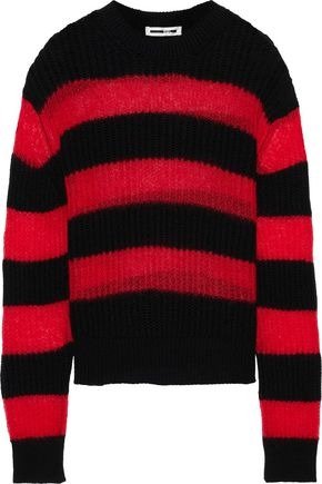 Striped brushed crochet-knit wool-blend sweater