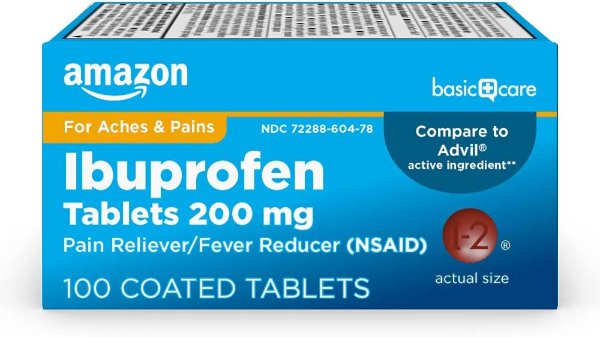 Amazon Basic Care Ibuprofen Tablets 200 mg, Pain Reliever/Fever Reducer, 100 Count