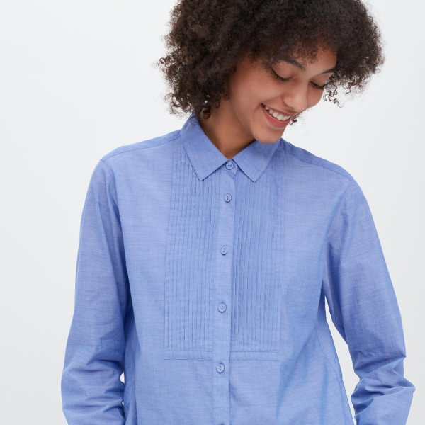 Cotton Pintuck Long-Sleeve Shirt (Ines de la Fressange)