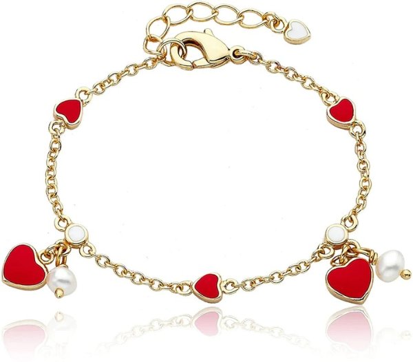 rg 14k yellow gold plated with red enamel heart & pearl dangle charm bracelet