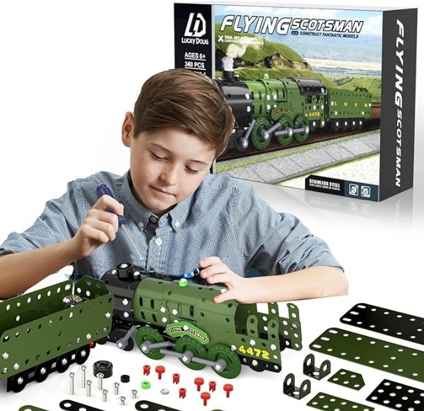 Lucky Doug Model Train Set for Kids 8-12 - 340 Piece DIY Metal Building STEM Toy for Boys - Educational Science Assembly Set