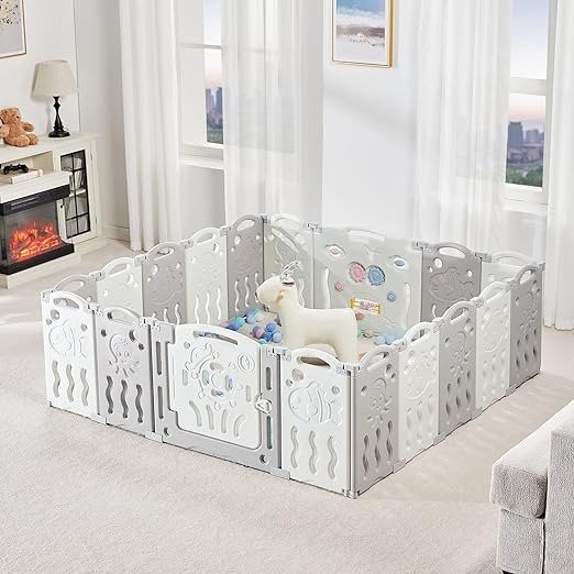 Baby Playpen, Upgraded 18 Panels Foldable Baby Fence with Game Panel and Safety Gate, Adjustable Shape, Portable Baby Play Yards for Children Toddlers Indoors or Outdoors (White+Grey, 18 Panel)