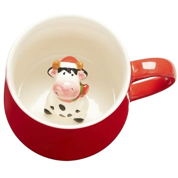 3D Coffee Mug Christmas Cow Inside Cup,Cute Handmade Animal Figurine Ceramics Teacup,Christmas,Birthday,Mother's Day Gifts for Friends Family or Kids,Best Cocoa Cups Couples Mugs (Red Cow)