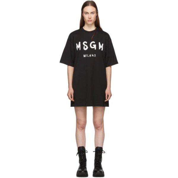 MSGM - Black Paint Brushed Logo T-Shirt Dress