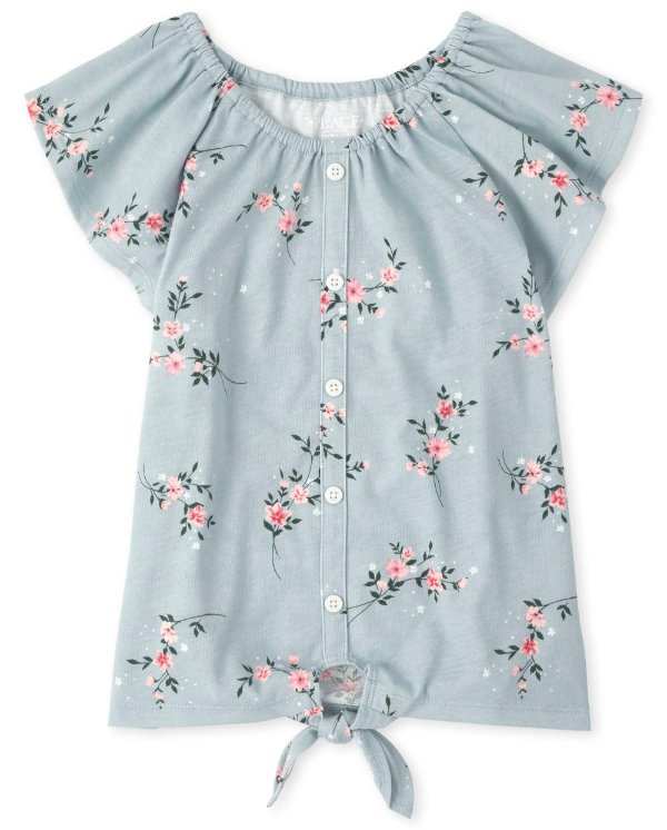 Girls Short Sleeve Floral Button Down Tie Front Top