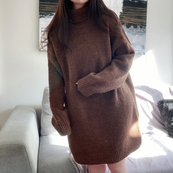 High Neck Wool Sweater One Piece - Brown