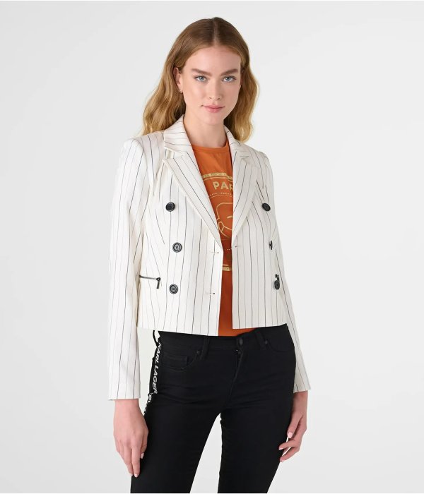 PINSTRIPE DOUBLE BREASTED CROPPED BLAZER