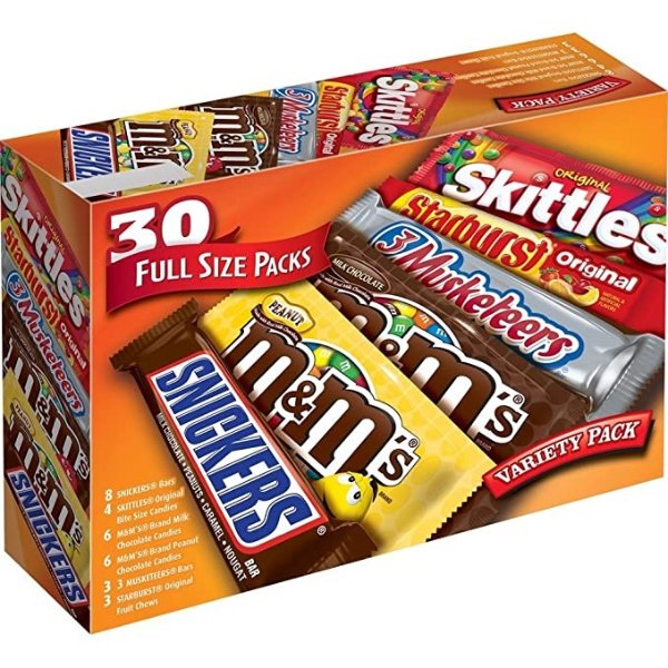 M&M'S, Snickers, 3 Musketeers, Skittles & Starburst Full Size Chocolate Candy Variety Mix 56.11-Ounce 30-Count Box, Assorted