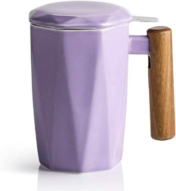 SWEEJAR Porcelain Tea Mug with Infuser and Lid, Wooden Handle, 17 Ounce, Geometric Shape Tea Cup for Steeping, Tea Lover, Gift, Home, Office (Purple)