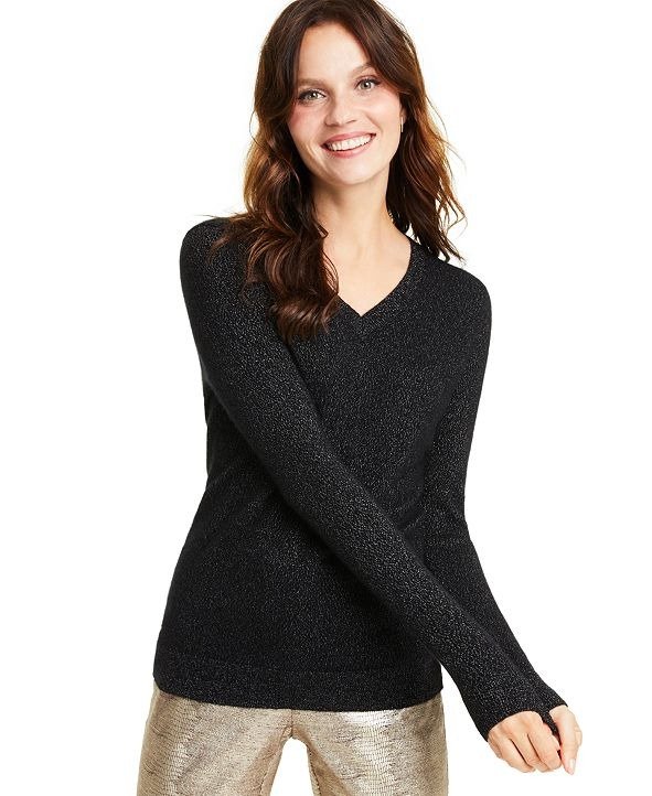 Cashmere-Metallic V-Neck Sweater, Created for Macy's