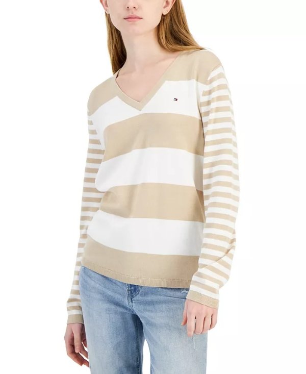 Women's Mixed-Stripe V-Neck Sweater