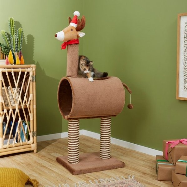 FRISCO Holiday 52.3-in Reindeer Cat Scratching Post & Tunnel - Chewy.com