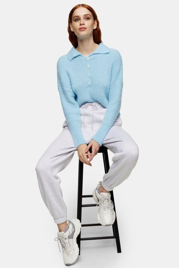 Pale Blue Fluffy Ribbed Knitted Polo