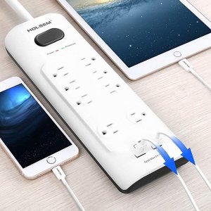 HOLSEM Power Strip Surge Protector 8 Outlets & 2 Smart USB Charging Ports (5V/2.4A), 6' Heavy Duty Extension Cord, USB Outlet for Home & Office,White