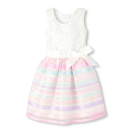 Girls Sleeveless Lace And Striped Knit To Woven Dress